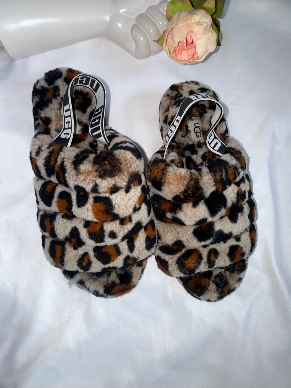 UGG Leopard Faux-Shearling Slide Sandals in Brown, Black and Cream